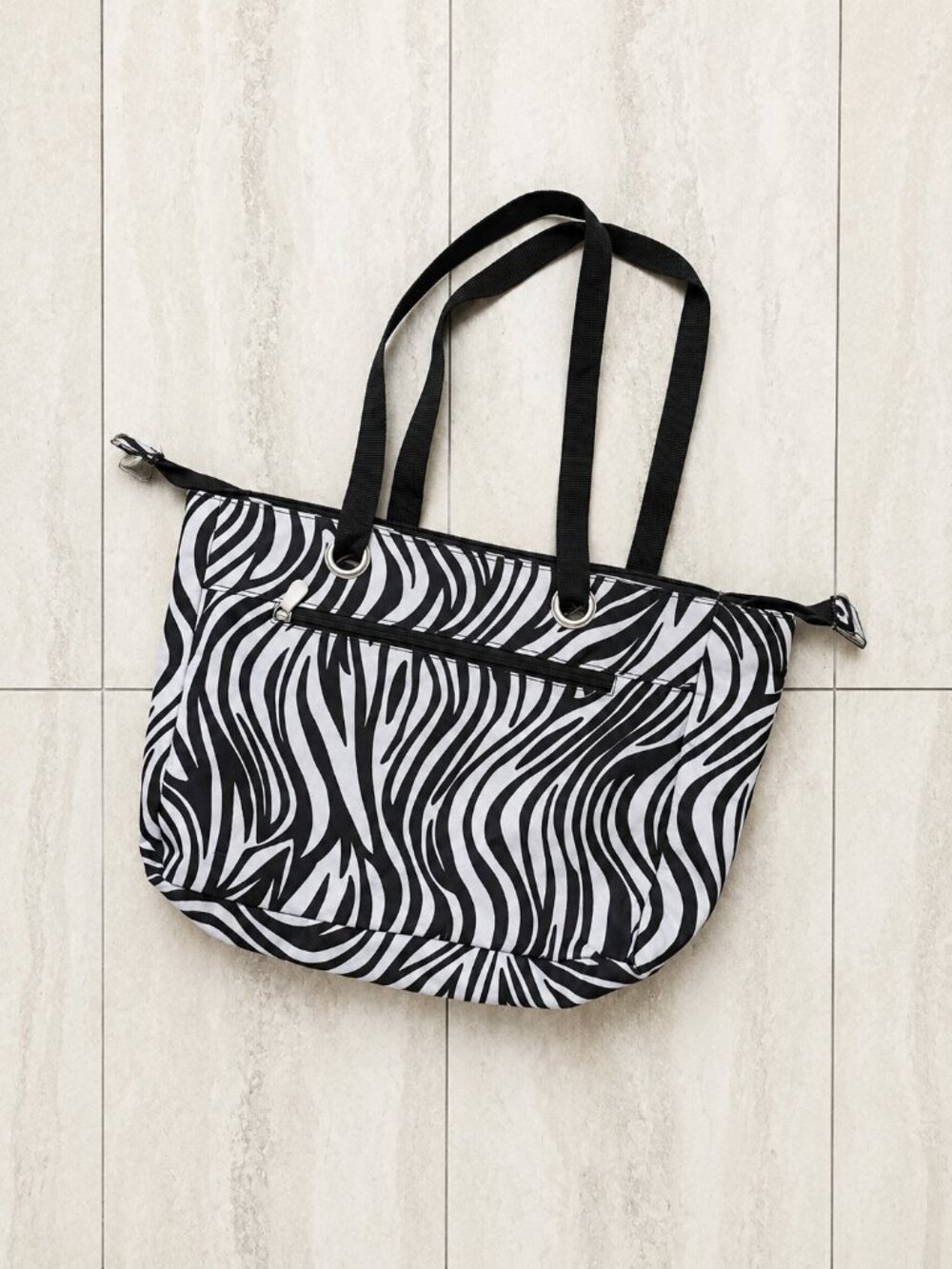 Zebra Print Black White Tote Bag Shoulder Bag Zip Pockets Animal Print